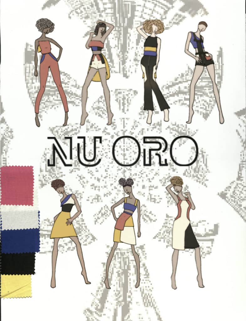 Nu Oro with 7 models displaying pink, blue, and yellow themed collection
