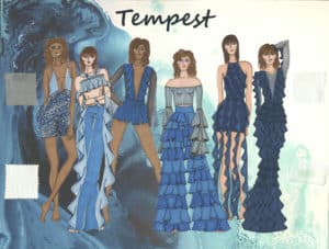 Tempest shows 6 women drawn wearing blue dresses all incorporating frills