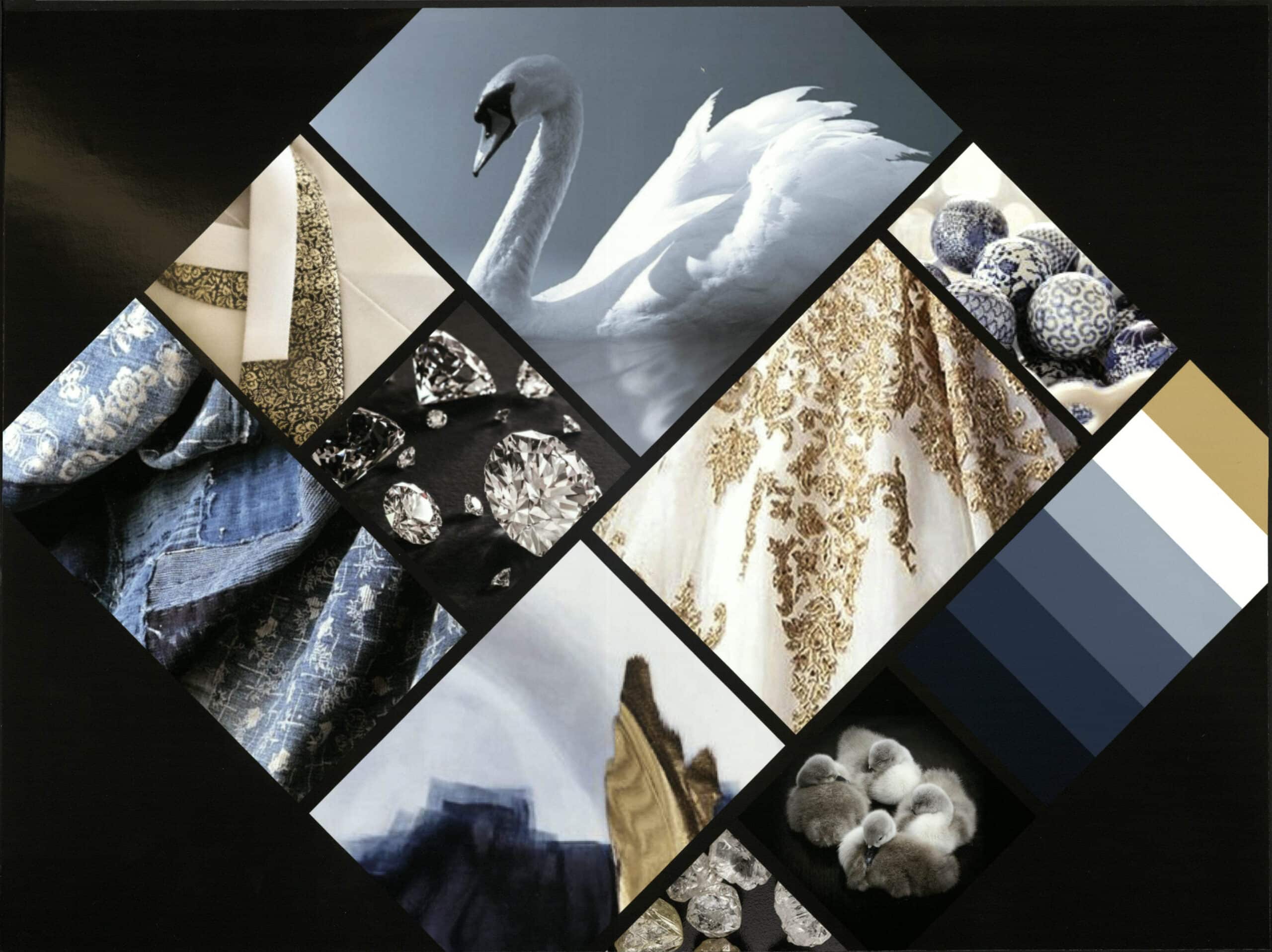 Swan, gold, blue, diamonds depict Reclaimed inspiration board