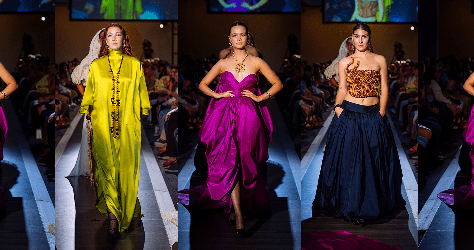 Collage of three models walking the runway, the left in chartreuse, the middle in fuchsia and the right in navy and brown.