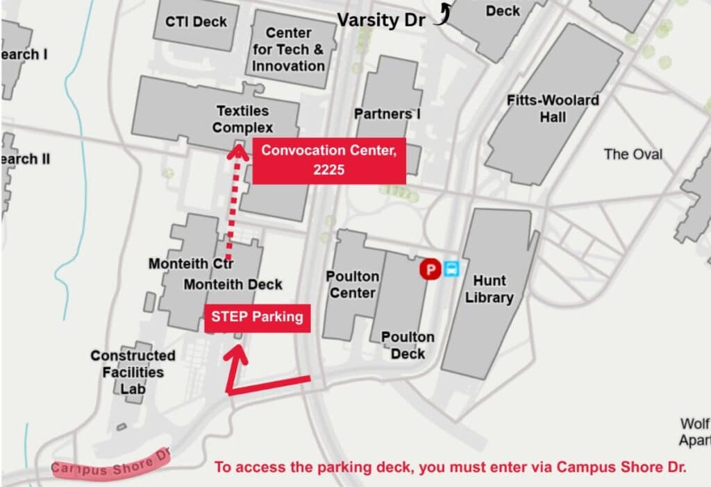 Map of NC State's Centennial Campus detailing where to park and how to get to the Convocation Center (Room 2225) in the Textiles Complex.