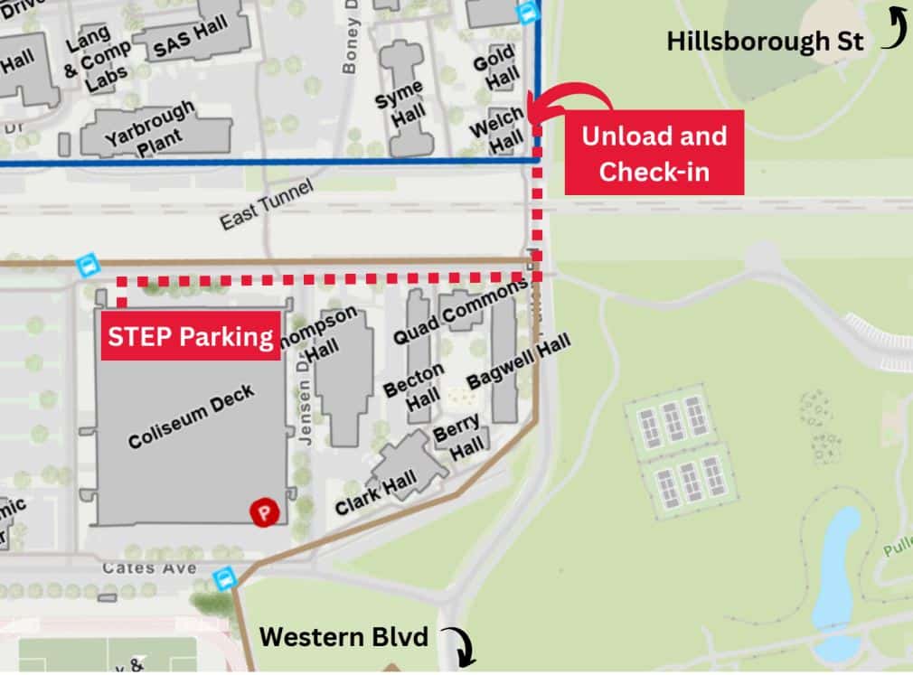 Map of NC State's Main Campus detailing where to check-in, unload and park.