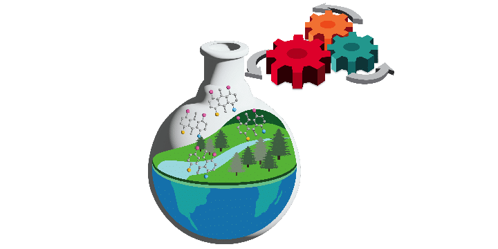 Artistic rendering of the world inside a flask. Three gears turn nearby
