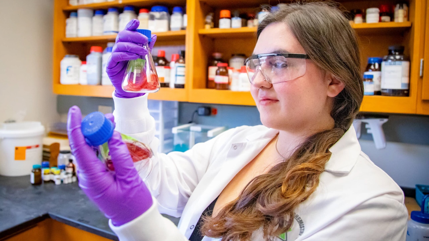 Sydney Lucas holds two clear glasses with samples of hair, dyed pink. Lucas wears a white lab coat, purple gloves, and safety glasses. Behind her is a cabinet with various bottles of chemicals and solutions.