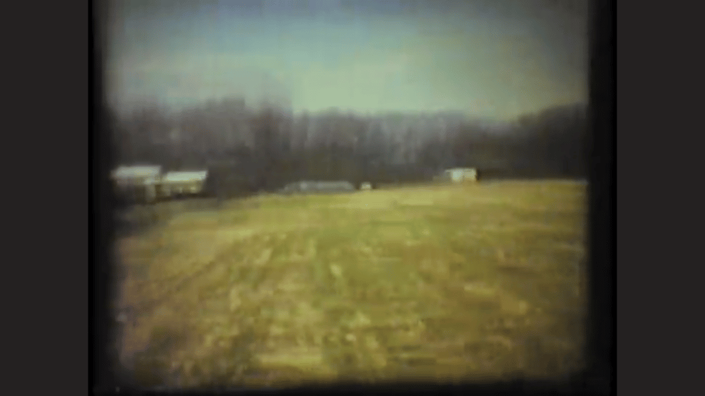 A film strip negative shows a flat green lawn in the foreground with a few out of focus buildings, and tall, bare trees behind those buildings in the background.