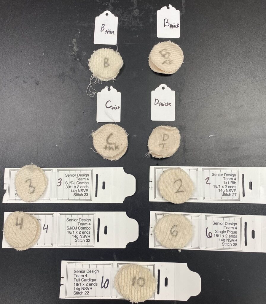 Labeled samples using various stitches, knitting techniques and thread types.