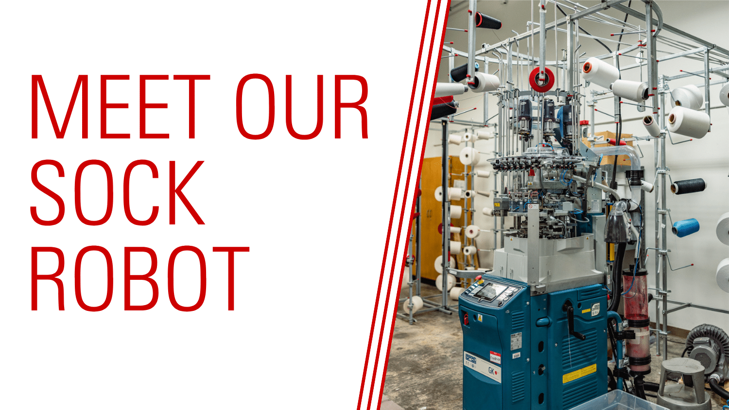 A YouTube thumbnail design. On the right, an image of a blue sock-knitting robot surrounded by spools of thread in the NC State Knitting Lab. On the left, large red text reads 