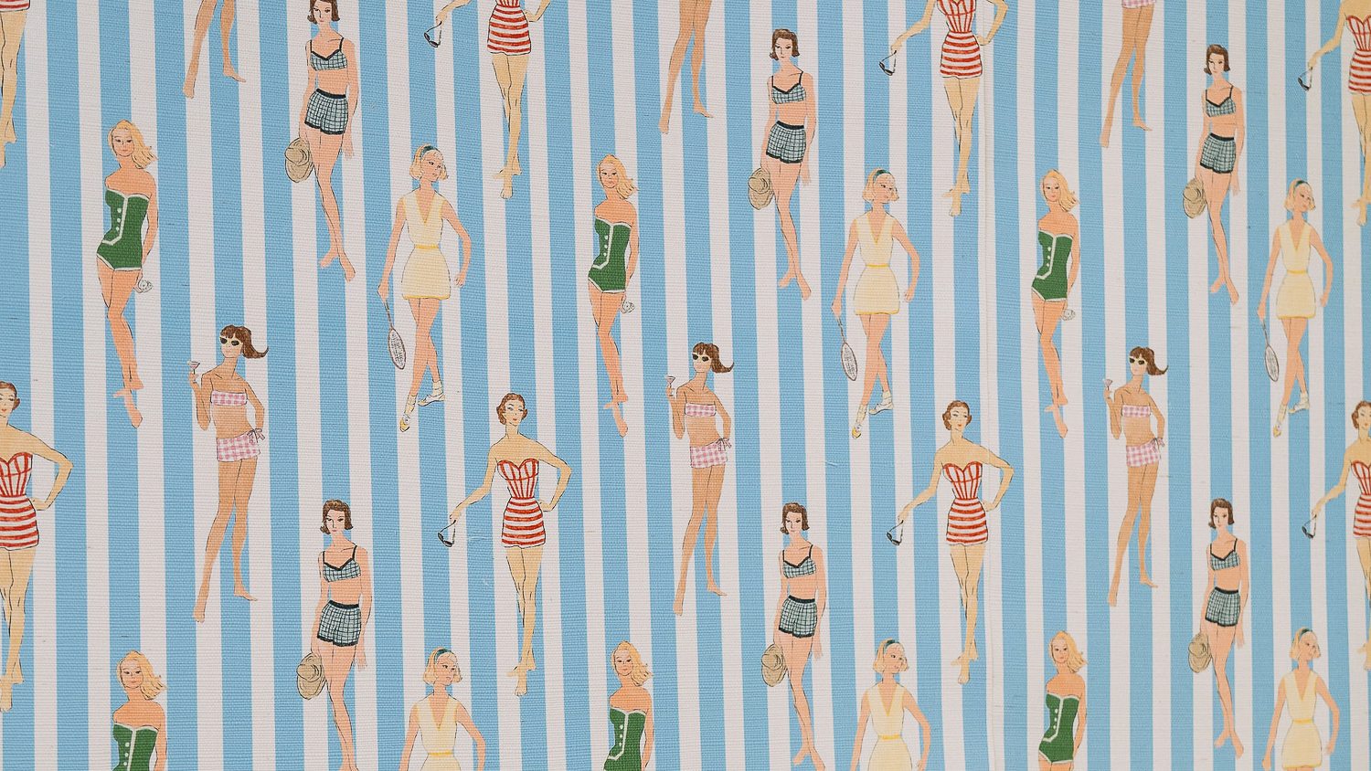 A close up of Beasley Gordon's wallpaper design. It is patterned with pale women in modest swimwear pose on a striped blue and white background.