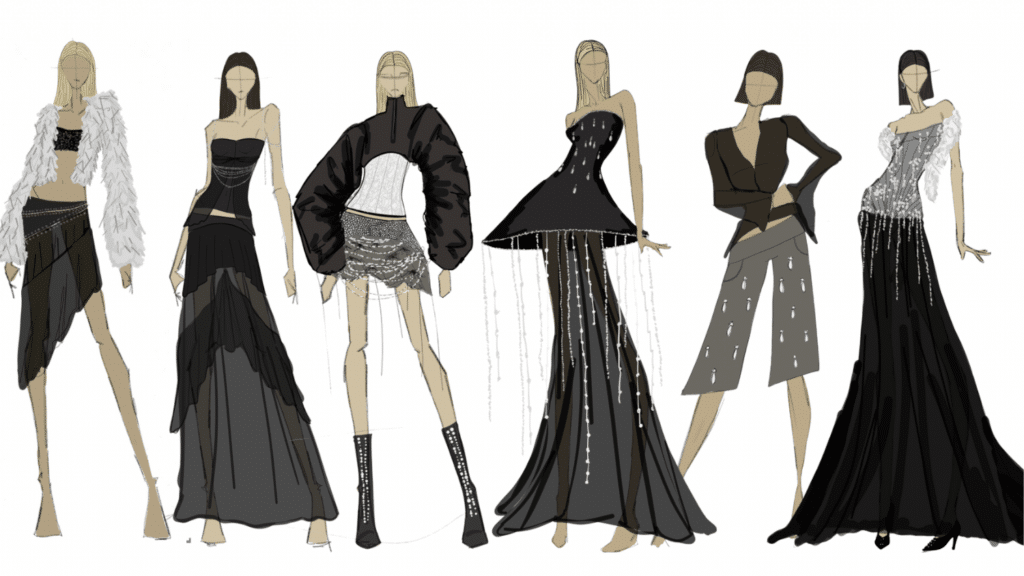 A sketch of a fashion collection. Six cartoon models stand in striking poses and are dressed in outfit that combine sharp edges, draping skirts, furs and jewels.