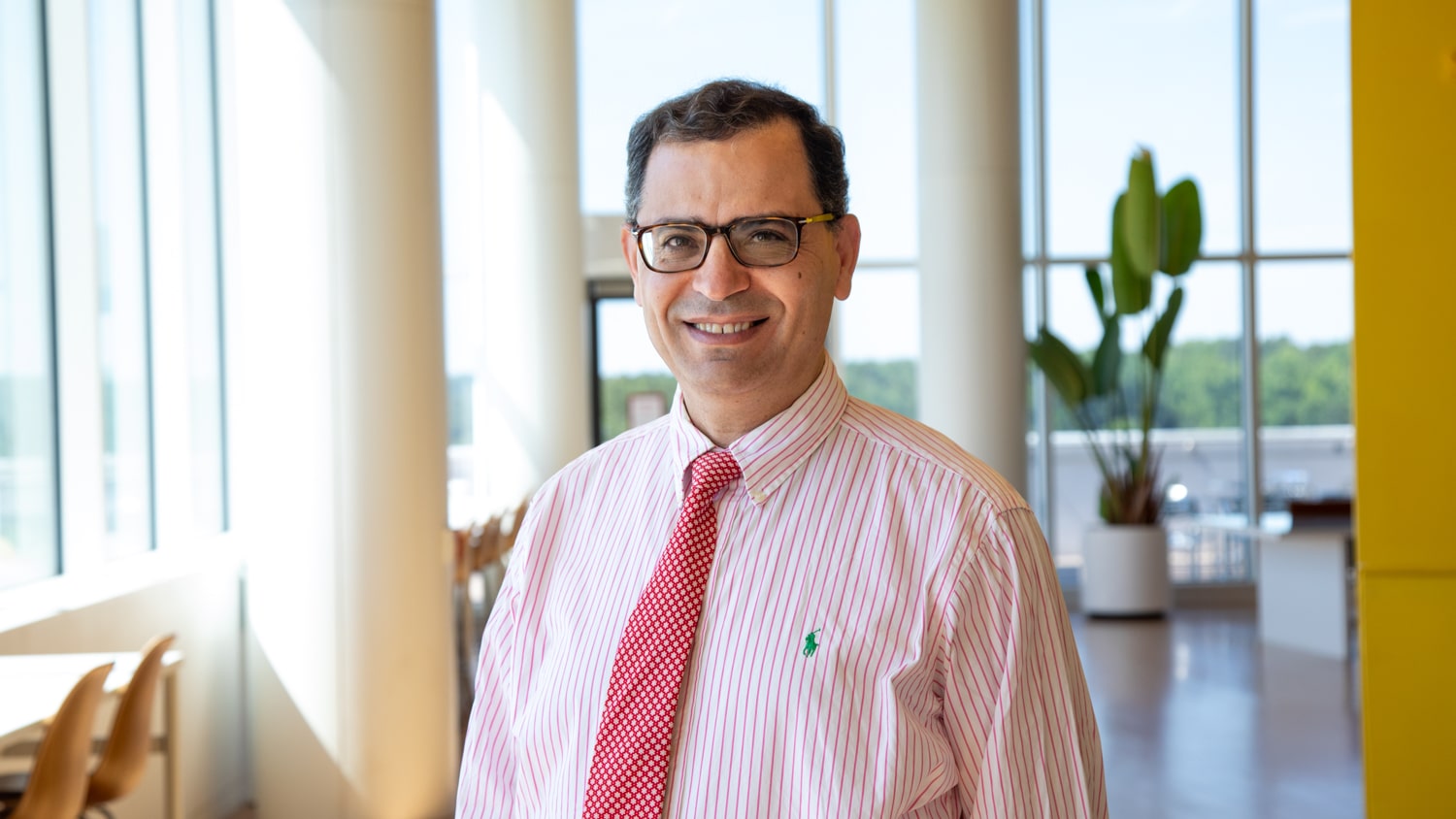 Ahmed El-Shafei poses for a portrait in a room with many windows, flooded with sunlight. He has a short dark hair cut and dark-framed glasses. He wears a read and white striped shirt and a red tie.