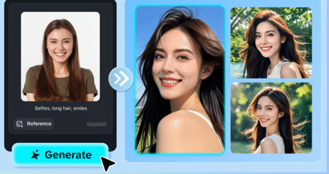 Interface for a GenAI image prompt showing several similar headshots of a young woman