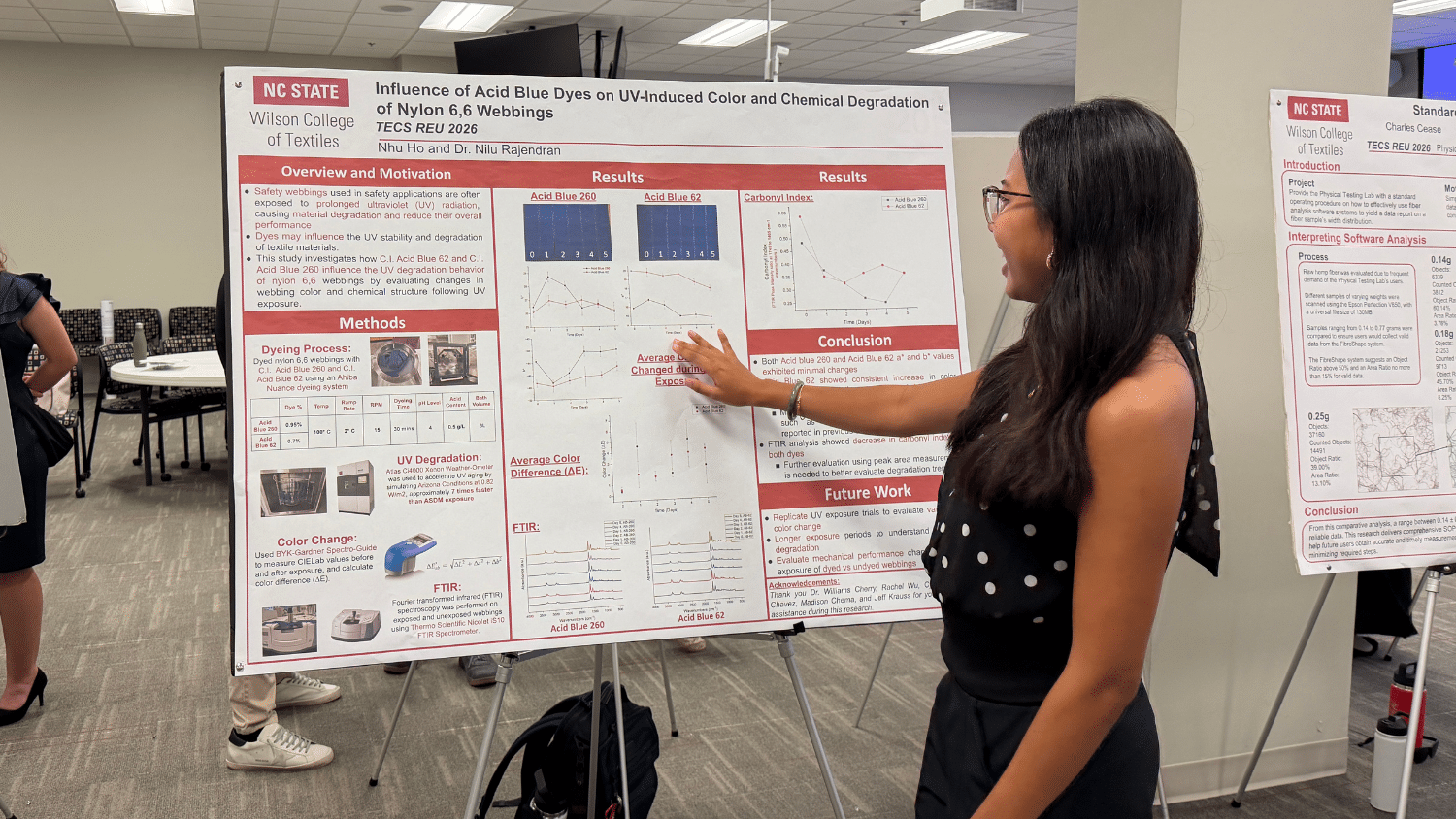 In a conference room for the TECS REU Research Symposium, a student with long dark hair presents their work to onlookers from a poster with red and white graphics and dense text.