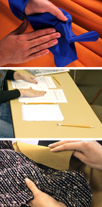 A collage of a person's hands on three different types of material including paper and two types of cloth