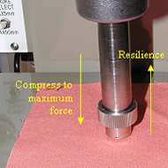 A KES FB3 Compression Tester with arrow graphics showing compression and resilience directions